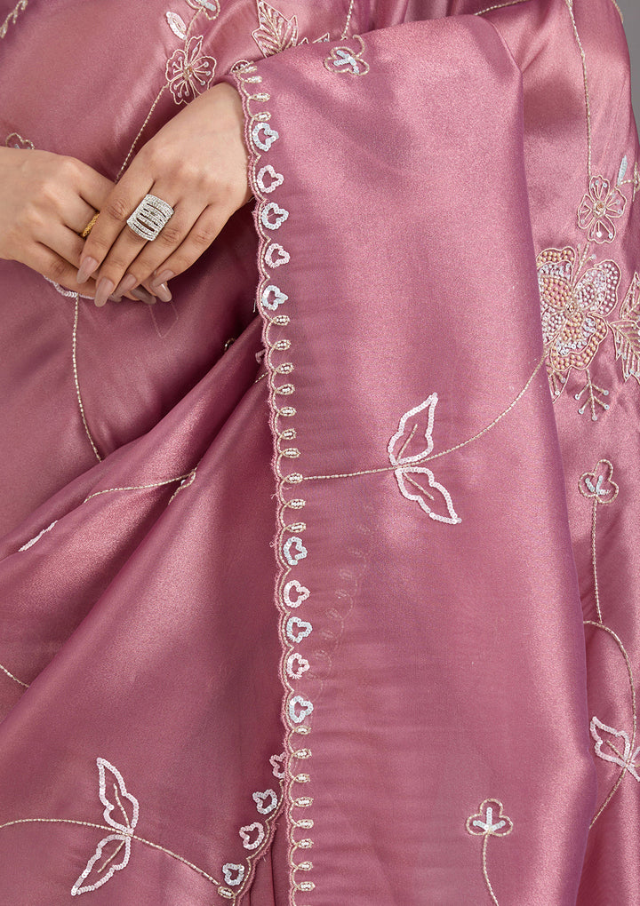 Onion Pink Tissue Aariwork Saree With Matching Blouse Piece
