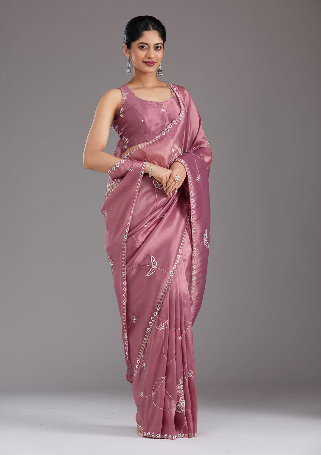 Onion Pink Tissue Aariwork Saree With Matching Blouse Piece