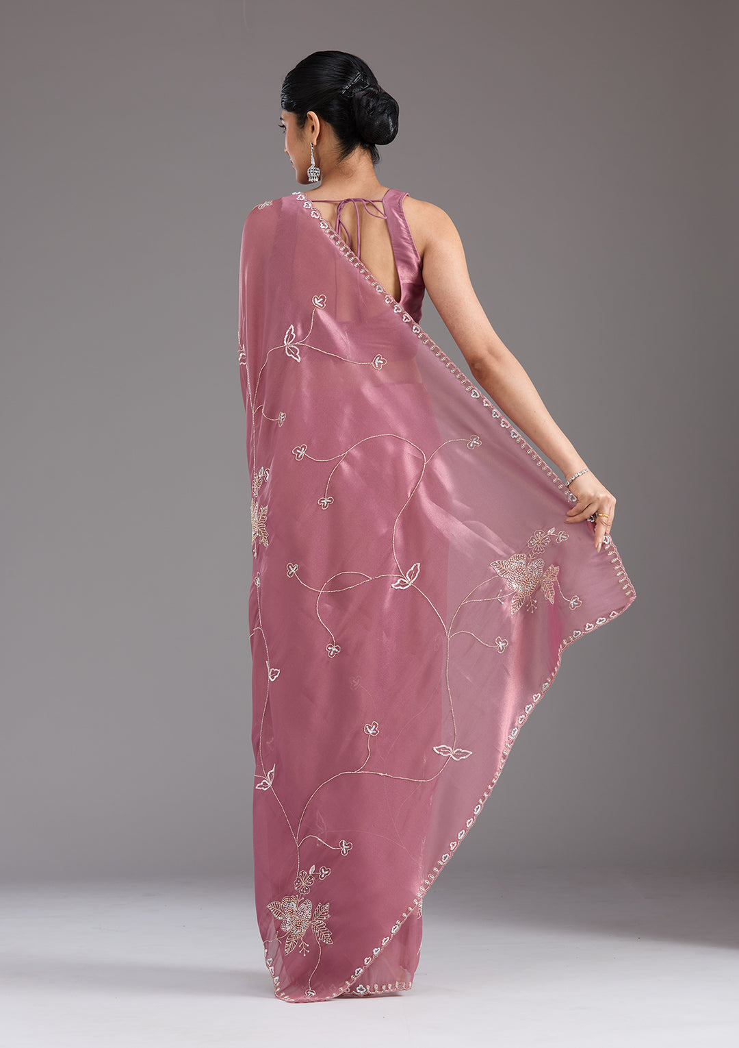 Onion Pink Tissue Aariwork Saree With Matching Blouse Piece