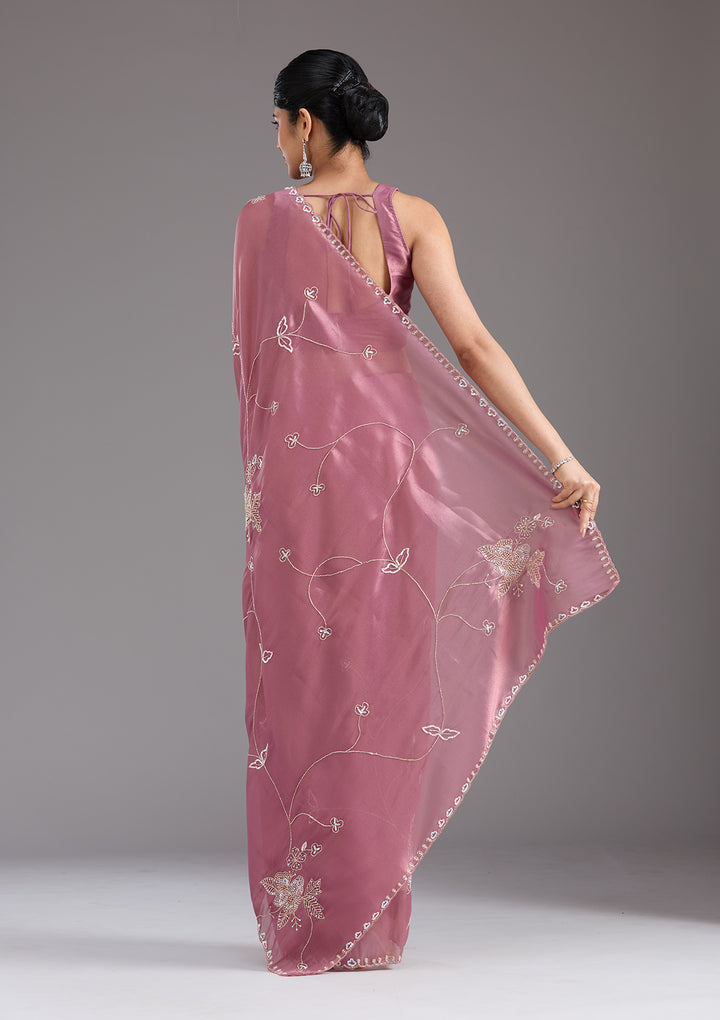 Onion Pink Tissue Aariwork Saree With Matching Blouse Piece