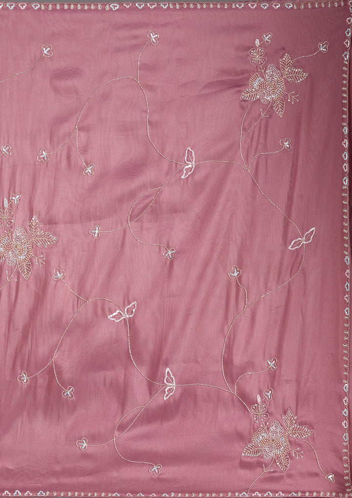 Onion Pink Tissue Aariwork Saree With Matching Blouse Piece