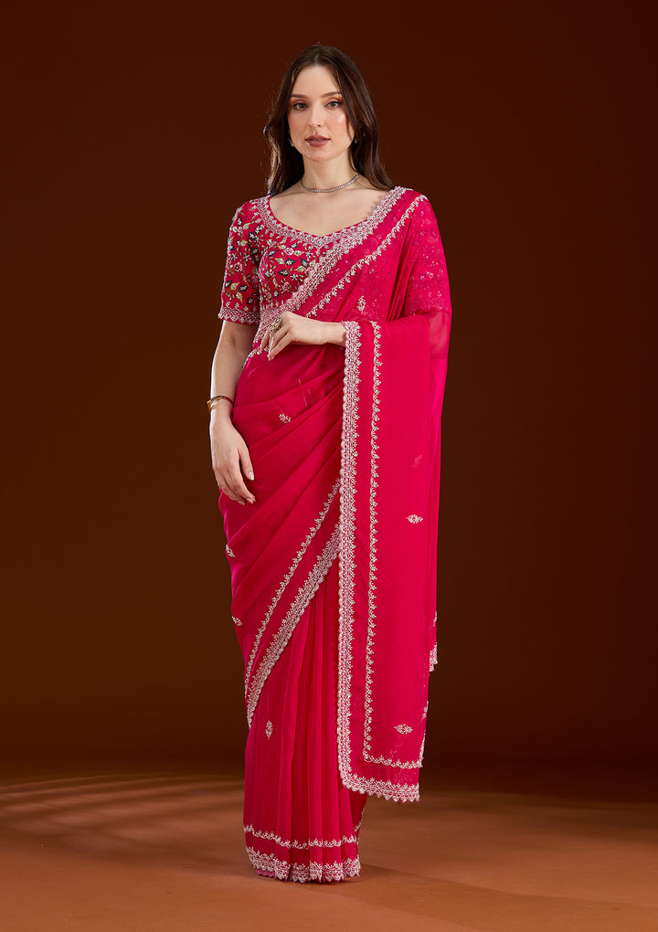 Rani Pink Aariwork Tissue Saree