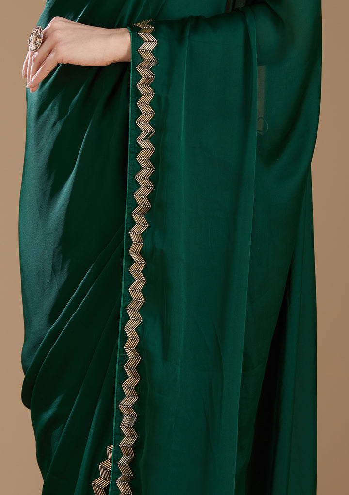 Bottle Green Aariwork Satin Saree