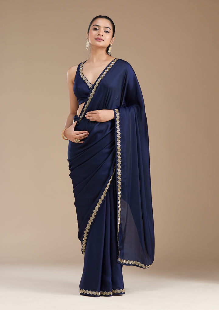 Navy Blue Satin Cutdana Saree With Matching Blouse Piece
