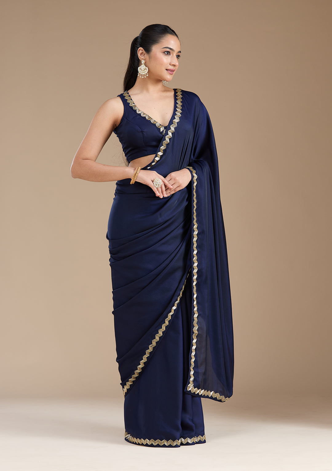 Navy Blue Satin Cutdana Saree With Matching Blouse Piece