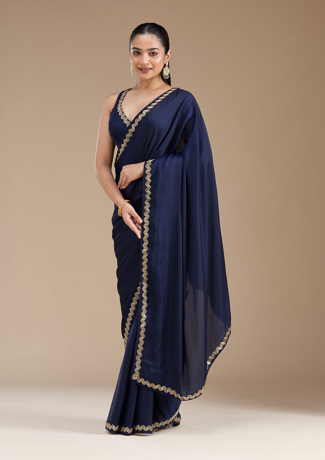 Navy Blue Satin Cutdana Saree With Matching Blouse Piece