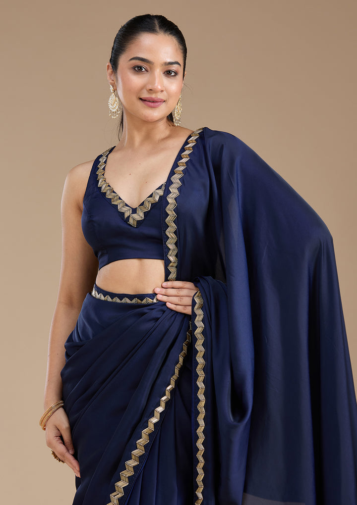 Navy Blue Satin Cutdana Saree With Matching Blouse Piece