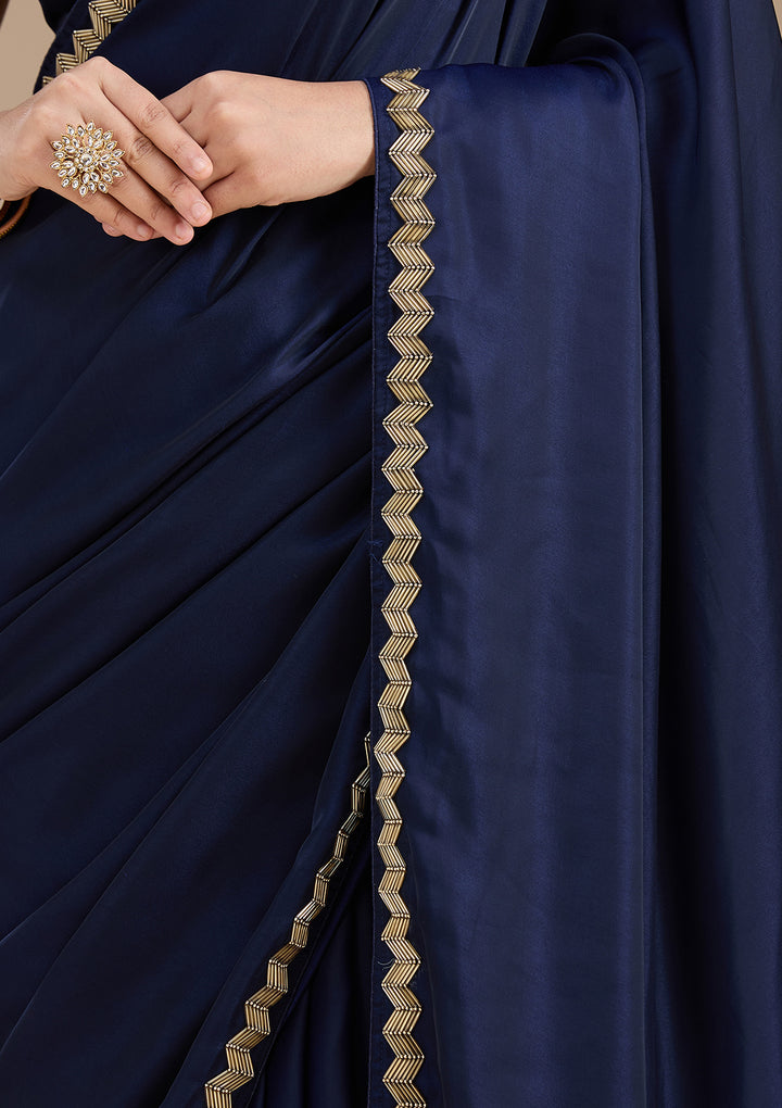 Navy Blue Satin Cutdana Saree With Matching Blouse Piece