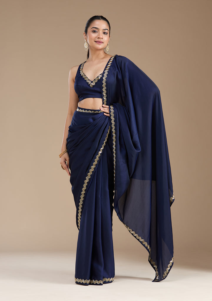 Navy Blue Satin Cutdana Saree With Matching Blouse Piece