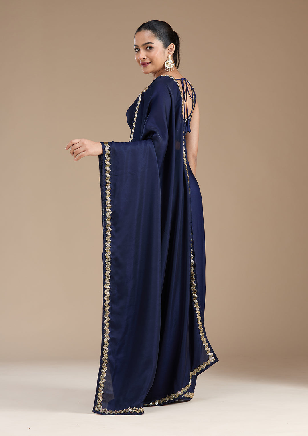 Navy Blue Satin Cutdana Saree With Matching Blouse Piece