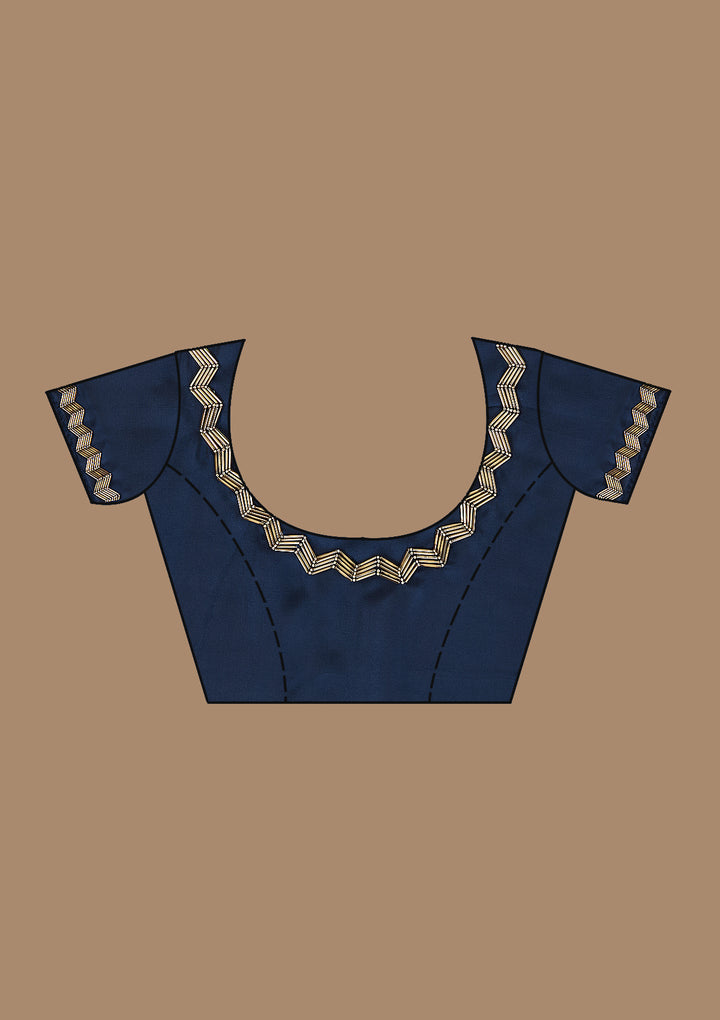 Navy Blue Satin Cutdana Saree With Matching Blouse Piece