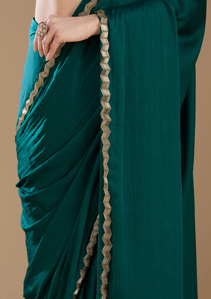 Peacock Blue Aariwork Satin Saree