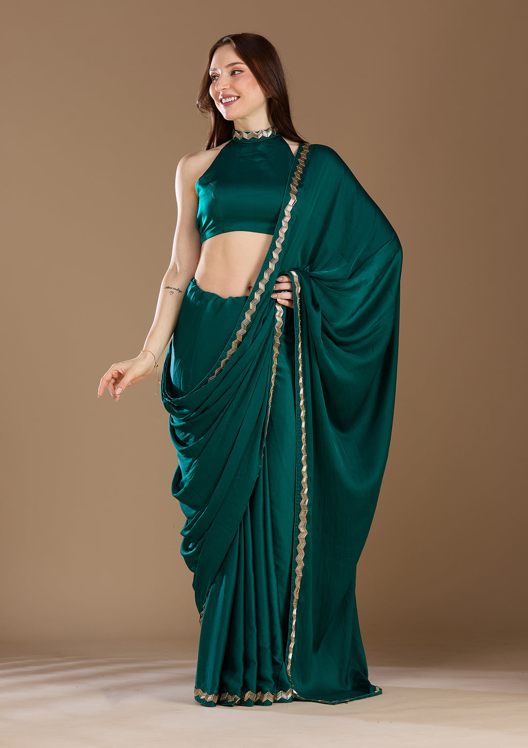 Peacock Blue Aariwork Satin Saree