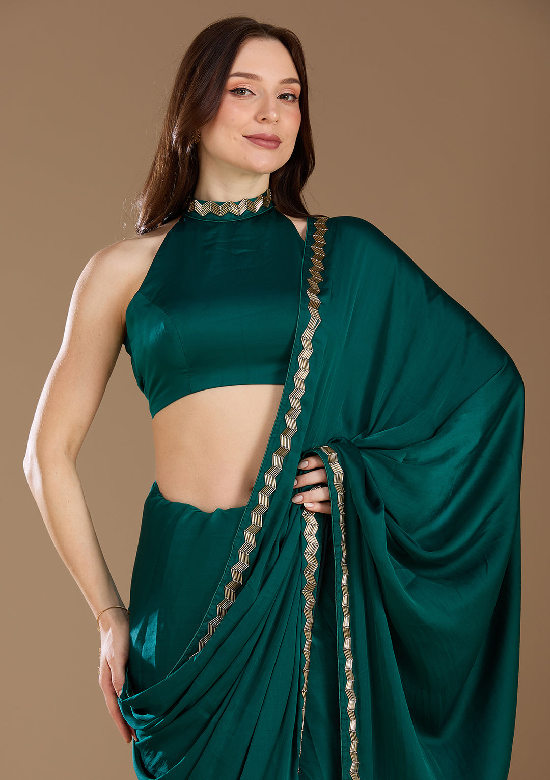 Peacock Blue Aariwork Satin Saree