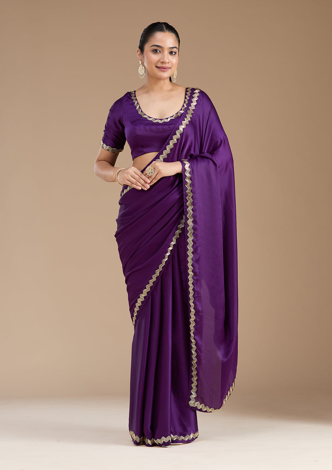 Purple Satin Cutdana Saree With Matching Blouse Piece
