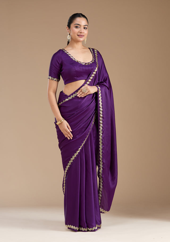 Purple Satin Cutdana Saree With Matching Blouse Piece