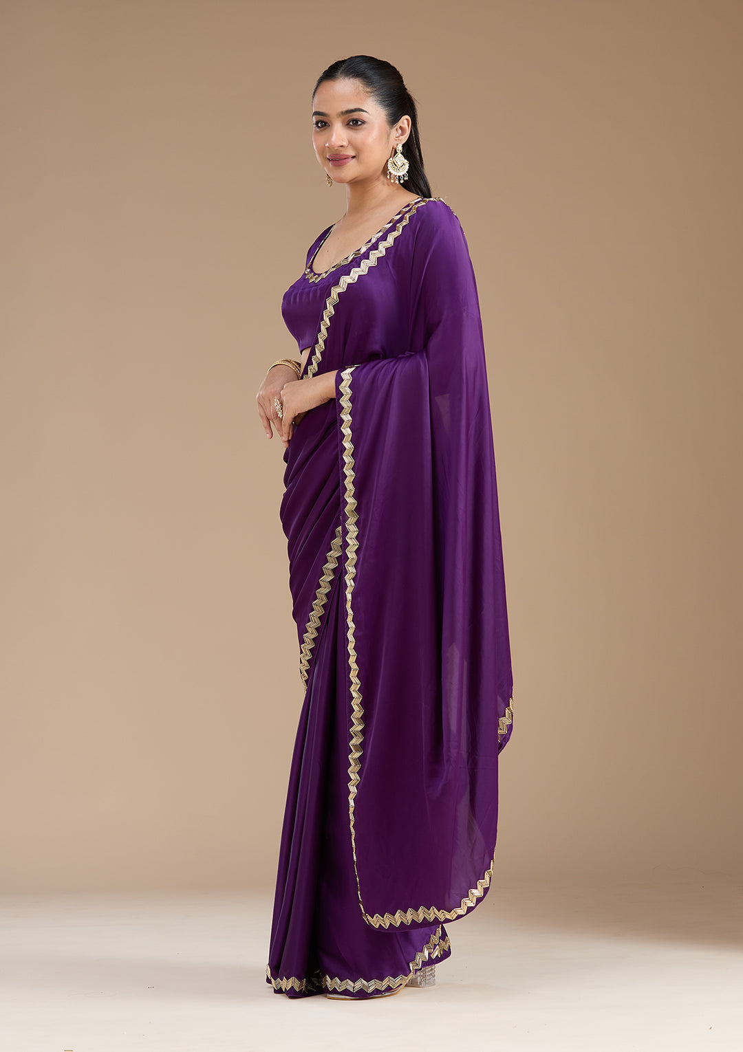 Purple Satin Cutdana Saree With Matching Blouse Piece