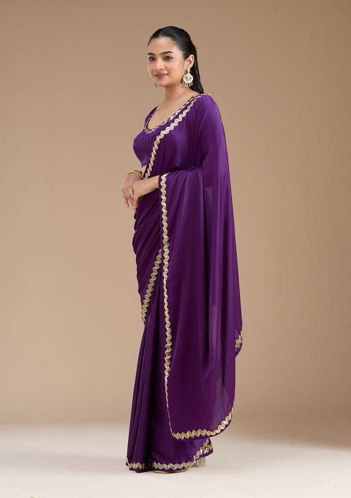 Purple Satin Cutdana Saree With Matching Blouse Piece