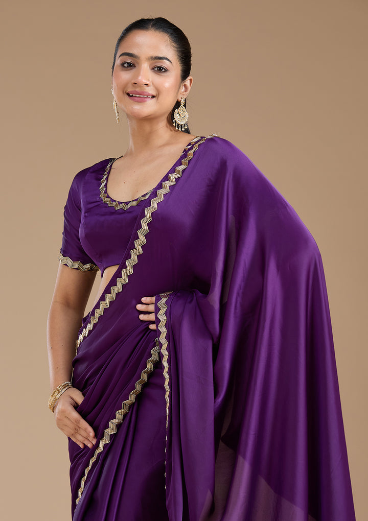 Purple Satin Cutdana Saree With Matching Blouse Piece