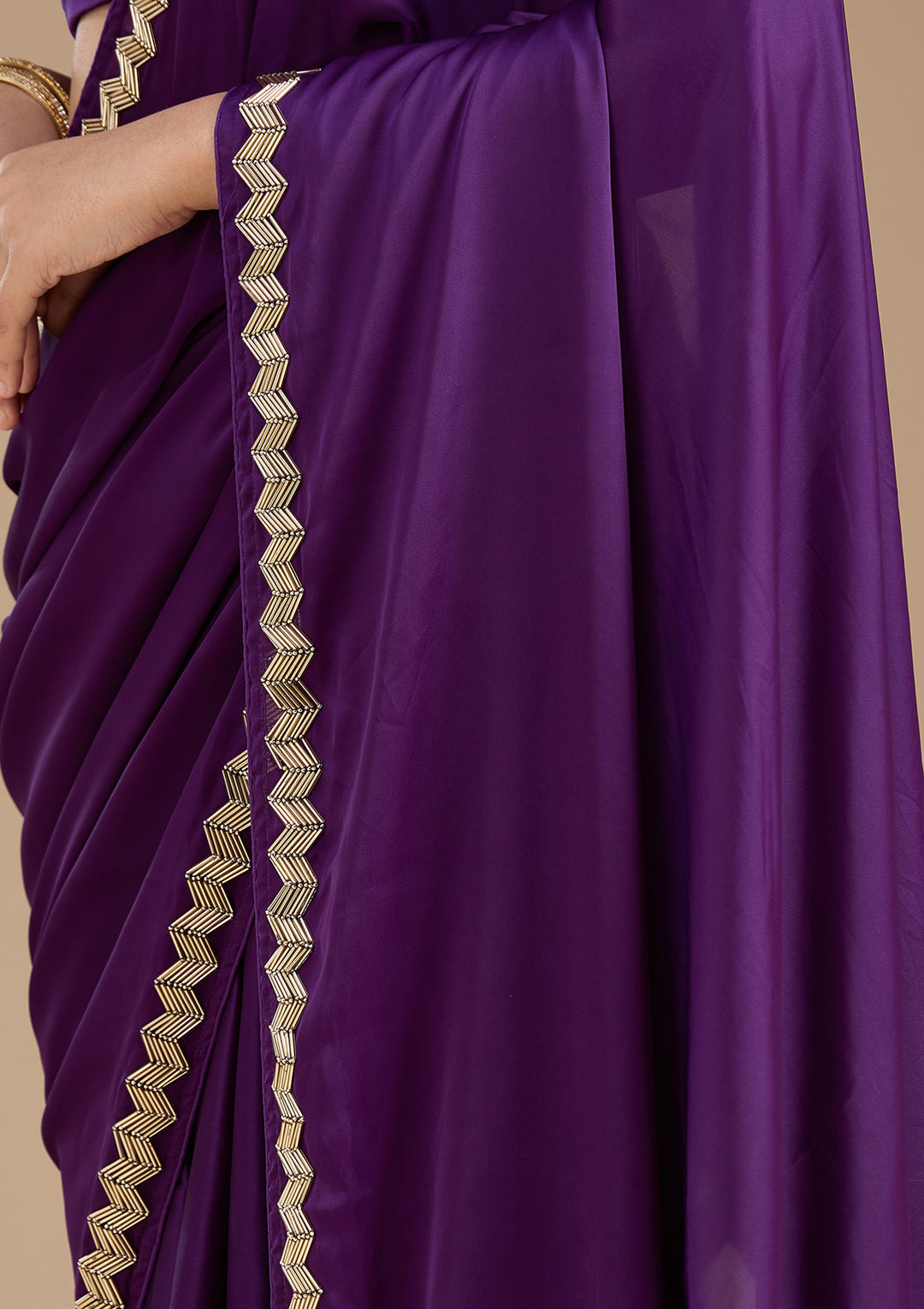 Purple Satin Cutdana Saree With Matching Blouse Piece