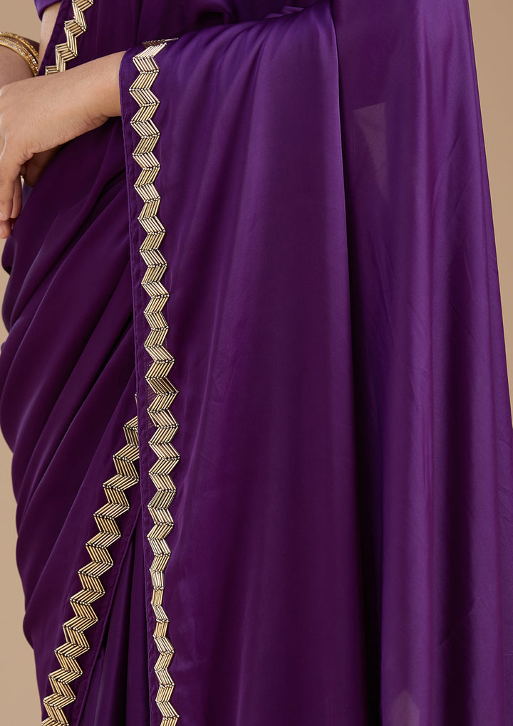 Purple Satin Cutdana Saree With Matching Blouse Piece