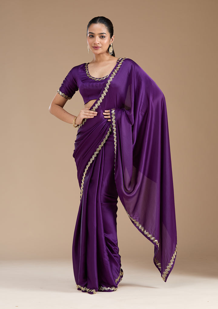 Purple Satin Cutdana Saree With Matching Blouse Piece