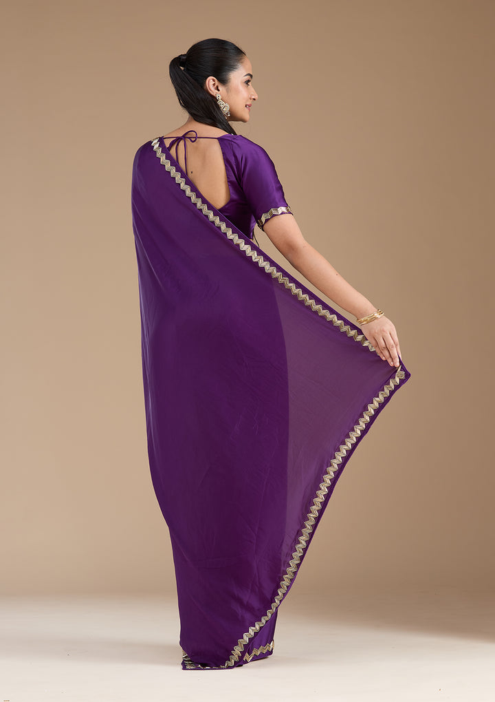 Purple Satin Cutdana Saree With Matching Blouse Piece