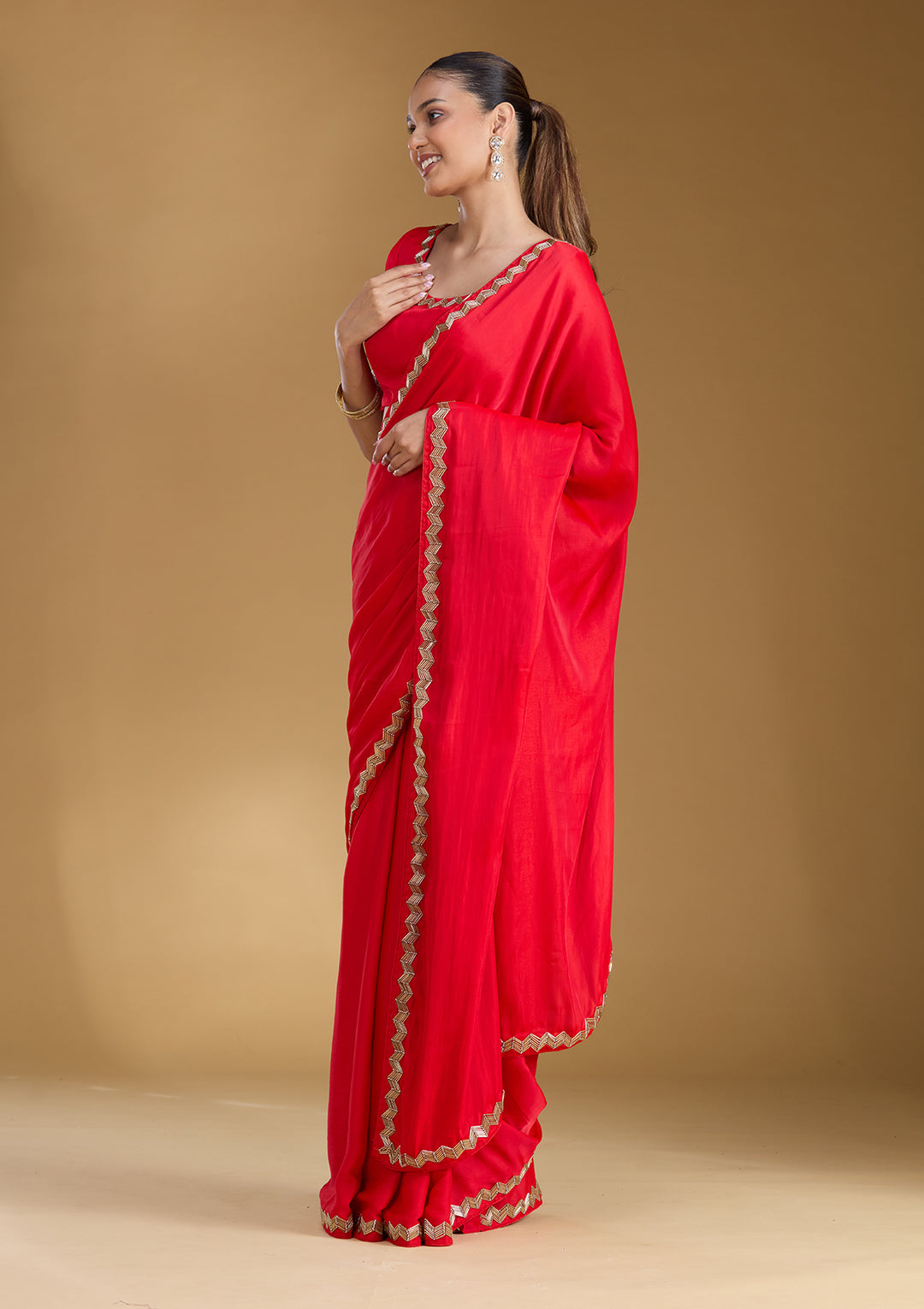 Red Satin Cutdana Saree With Matching Blouse Piece