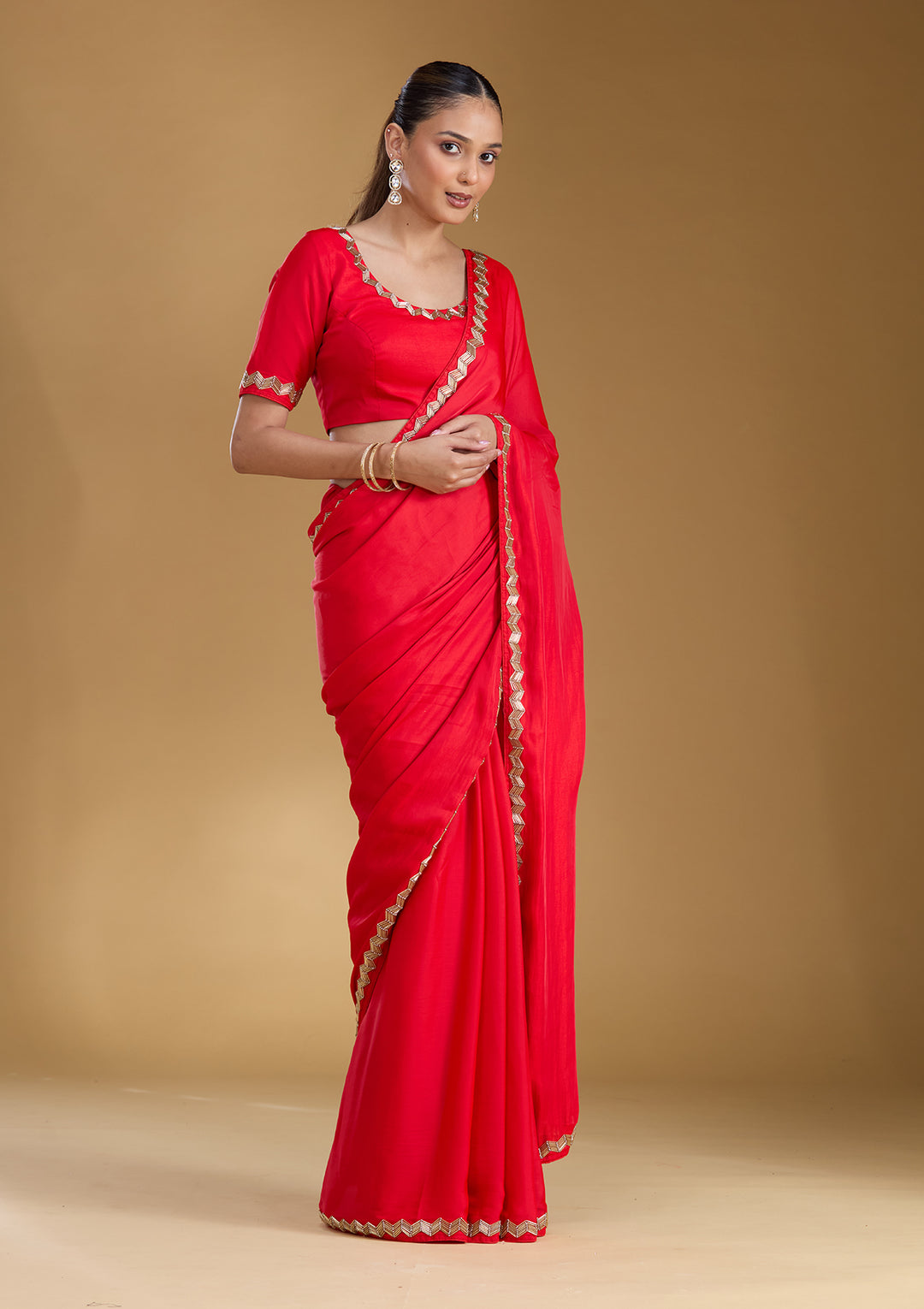 Red Satin Cutdana Saree With Matching Blouse Piece