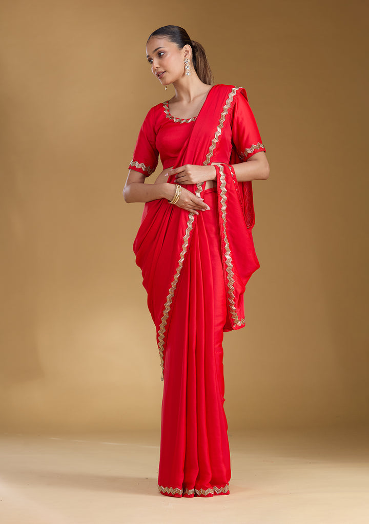 Red Satin Cutdana Saree With Matching Blouse Piece