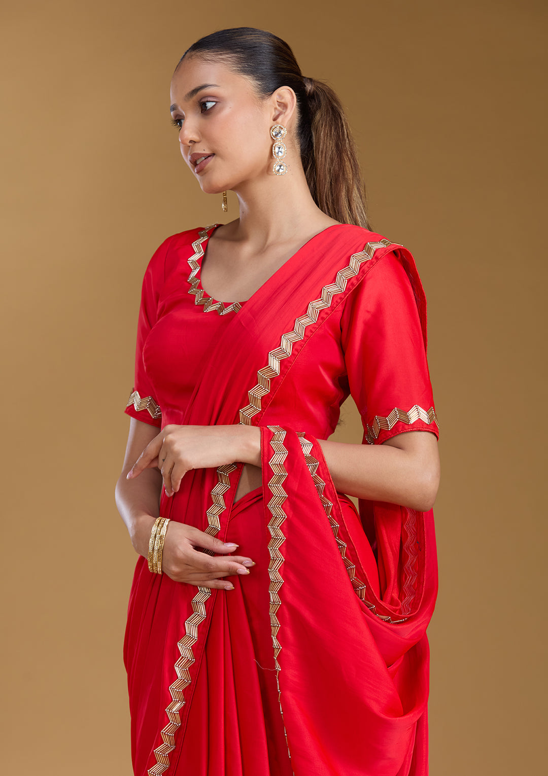 Red Satin Cutdana Saree With Matching Blouse Piece