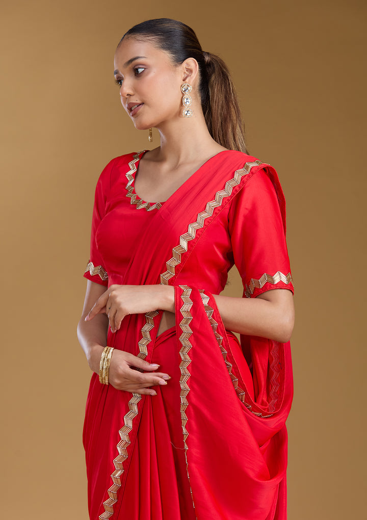 Red Satin Cutdana Saree With Matching Blouse Piece