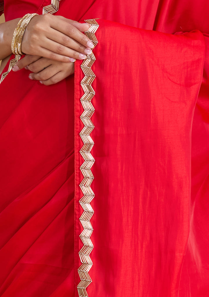 Red Satin Cutdana Saree With Matching Blouse Piece