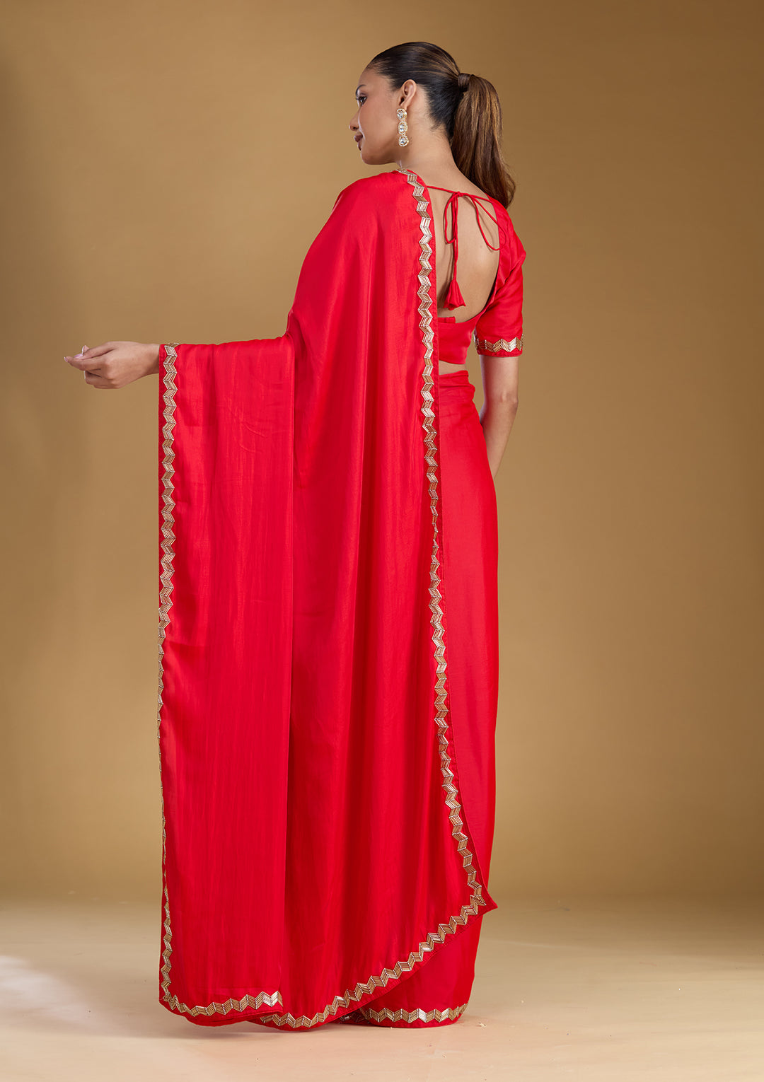 Red Satin Cutdana Saree With Matching Blouse Piece