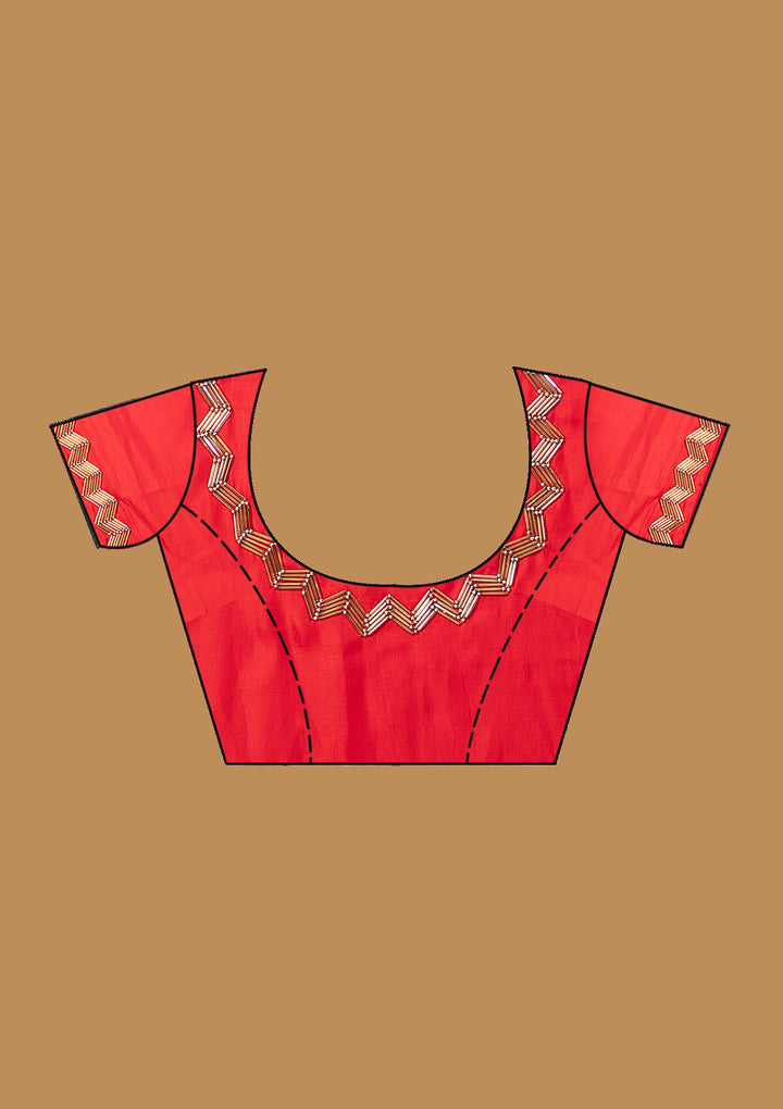 Red Satin Cutdana Saree With Matching Blouse Piece