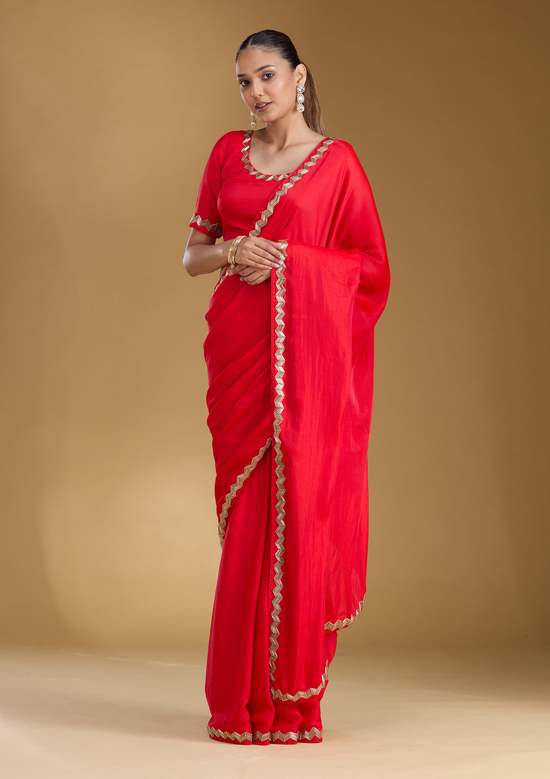 Red Satin Cutdana Saree With Matching Blouse Piece