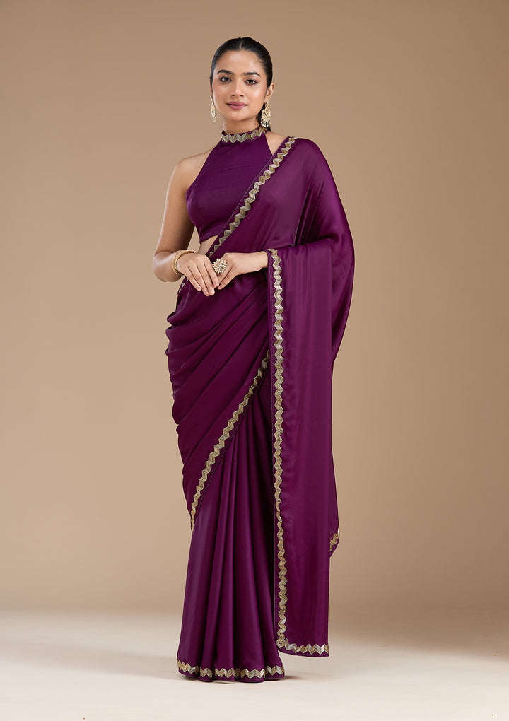 Wine Satin Cutdana Saree With Matching Blouse Piece