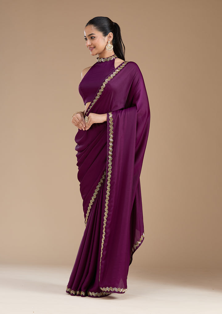 Wine Satin Cutdana Saree With Matching Blouse Piece