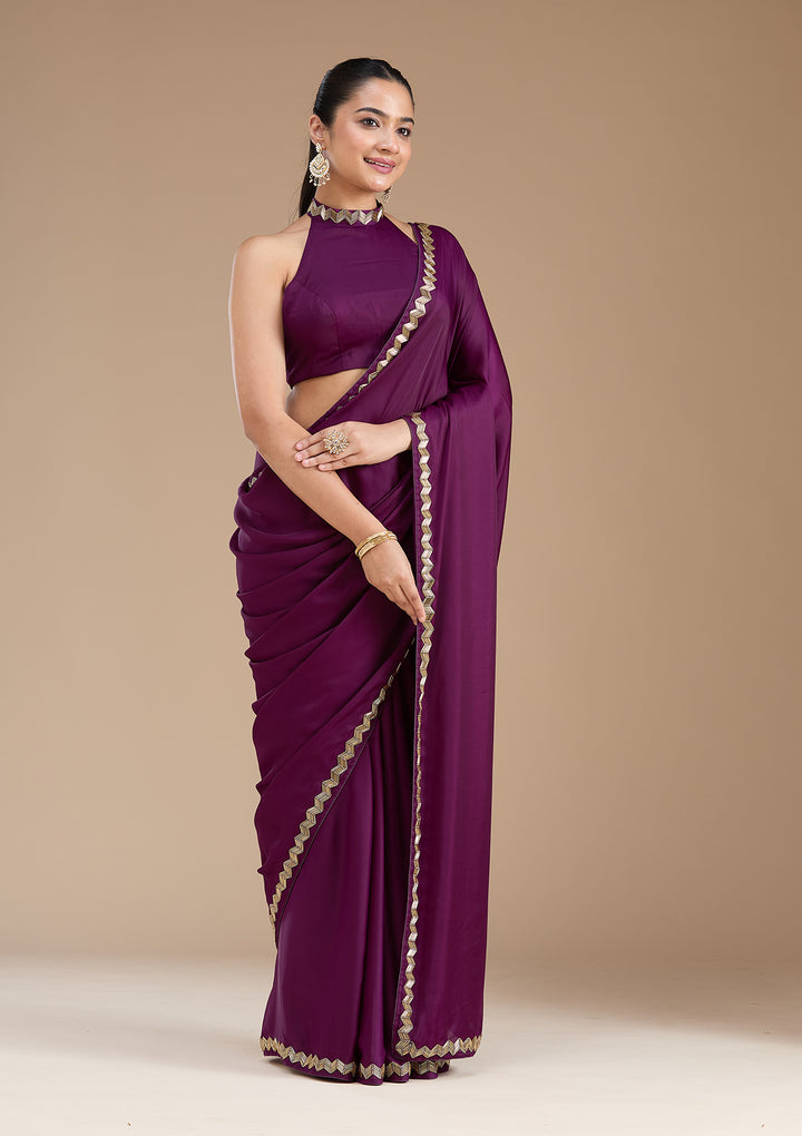Wine Satin Cutdana Saree With Matching Blouse Piece