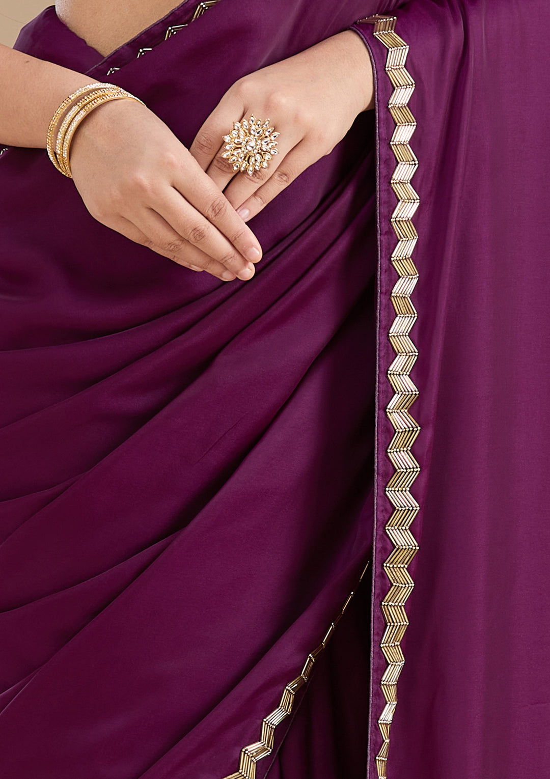 Wine Satin Cutdana Saree With Matching Blouse Piece