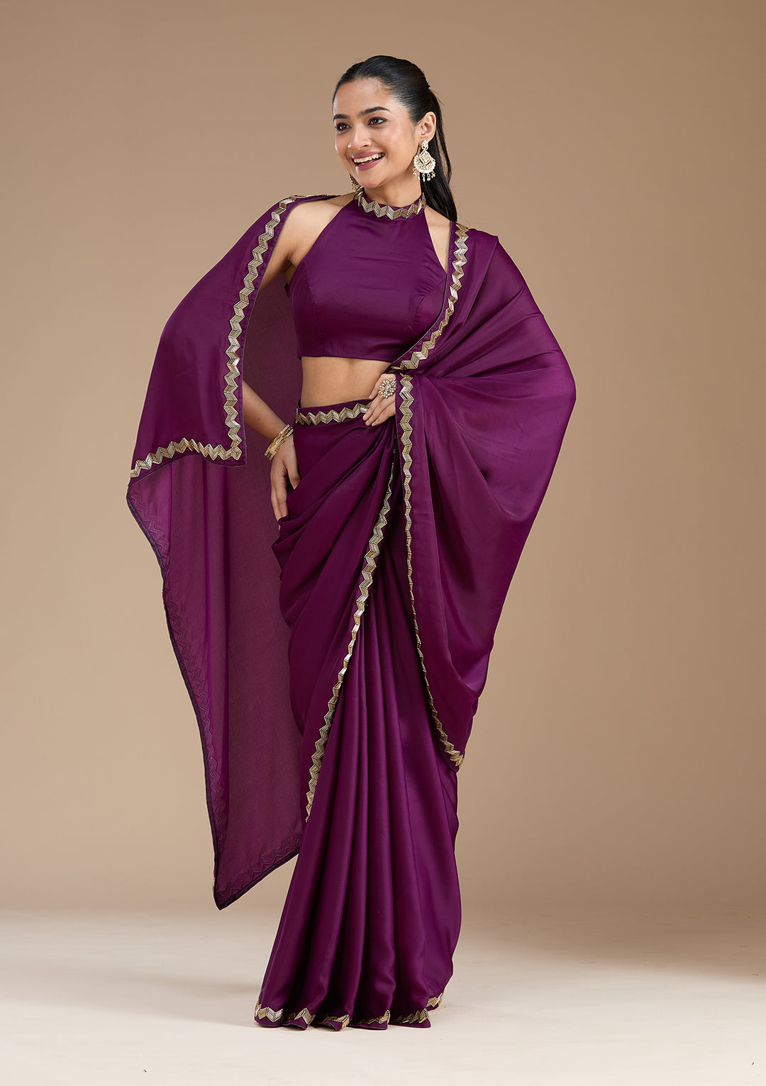 Wine Satin Cutdana Saree With Matching Blouse Piece