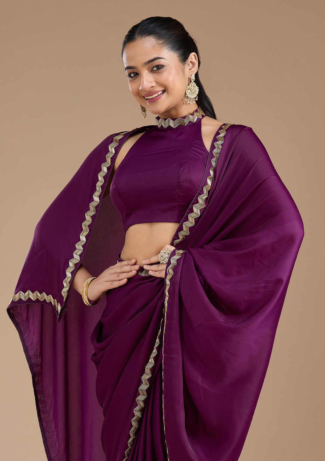 Wine Satin Cutdana Saree With Matching Blouse Piece