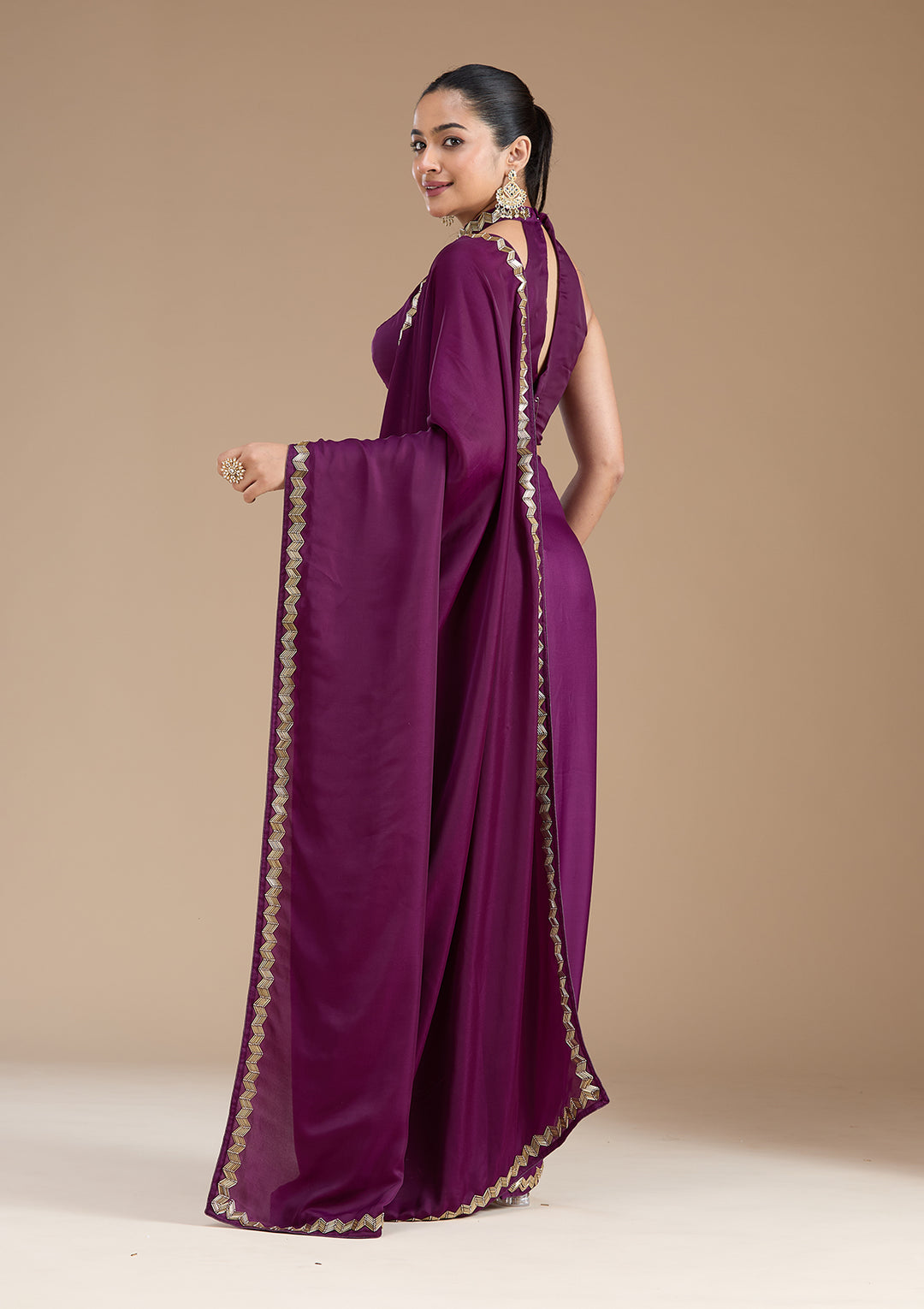 Wine Satin Cutdana Saree With Matching Blouse Piece