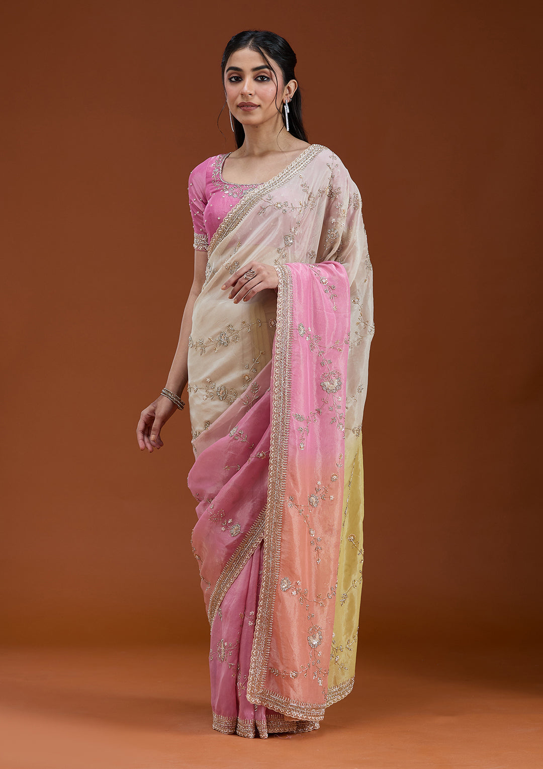 Peach Tissue Ombre Cutdana Saree With Matching Blouse Piece
