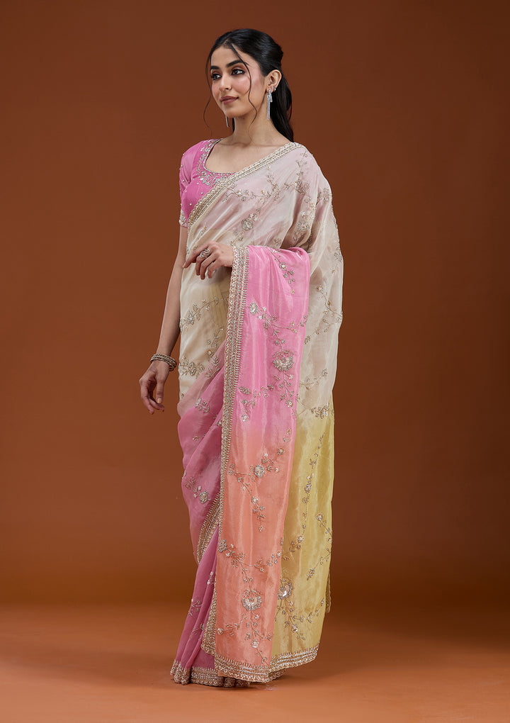 Peach Tissue Ombre Cutdana Saree With Matching Blouse Piece