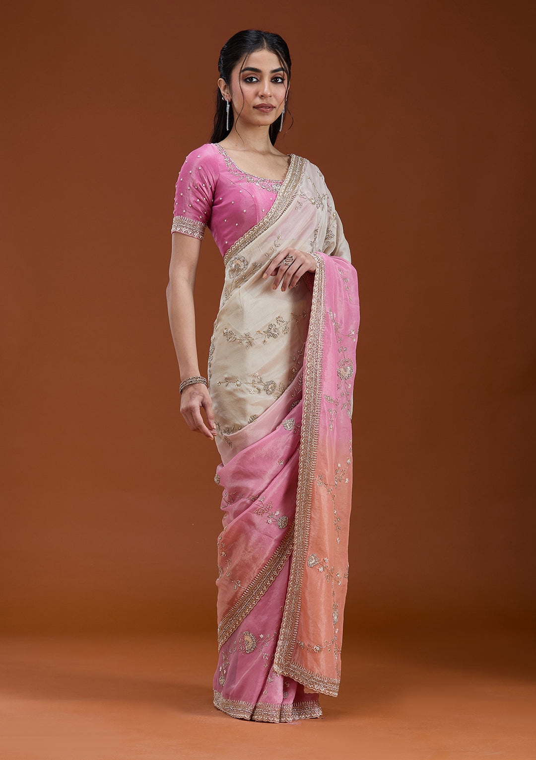 Peach Tissue Ombre Cutdana Saree With Matching Blouse Piece