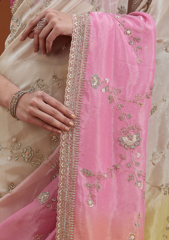 Peach Tissue Ombre Cutdana Saree With Matching Blouse Piece
