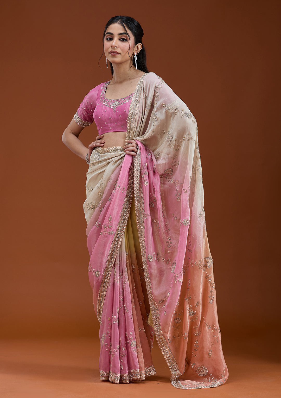 Peach Tissue Ombre Cutdana Saree With Matching Blouse Piece