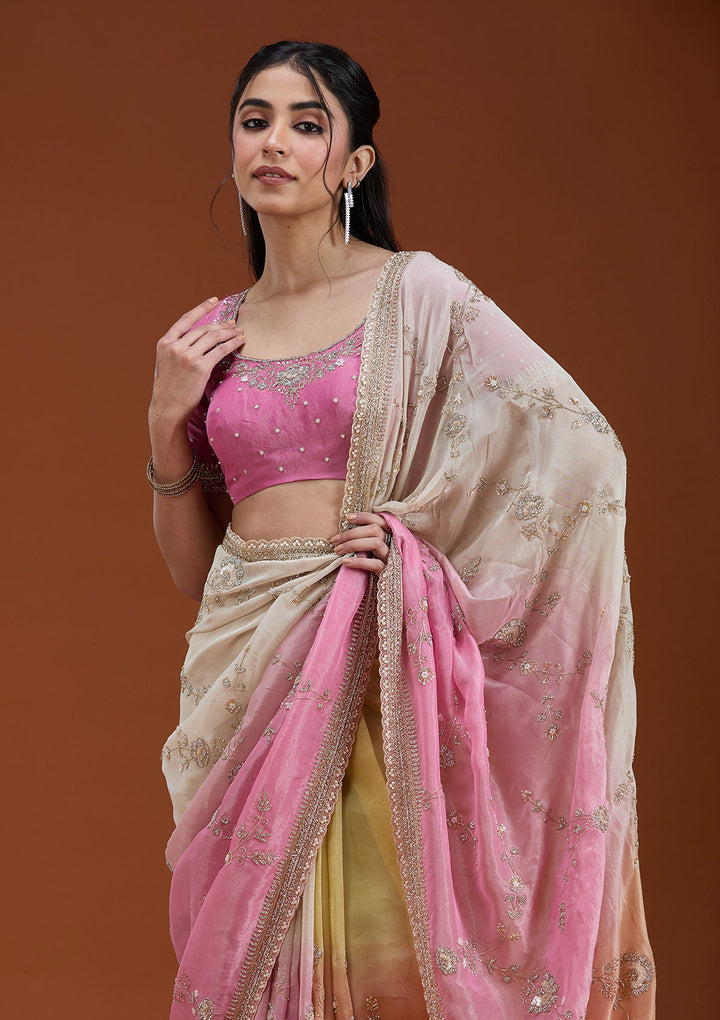 Peach Tissue Ombre Cutdana Saree With Matching Blouse Piece