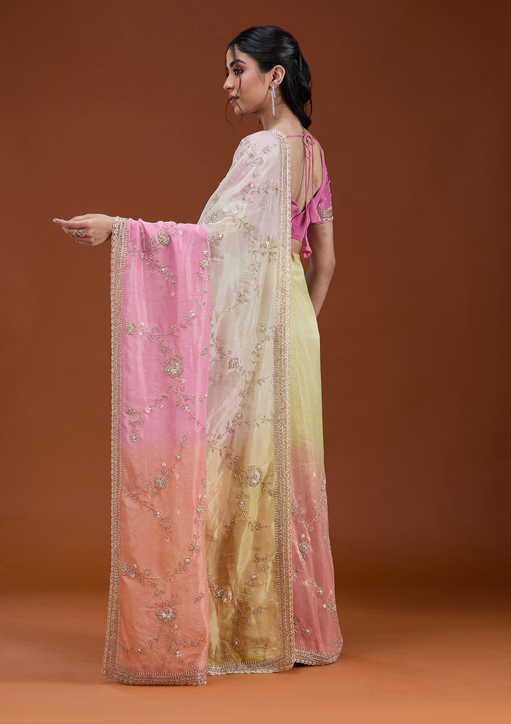 Peach Tissue Ombre Cutdana Saree With Matching Blouse Piece